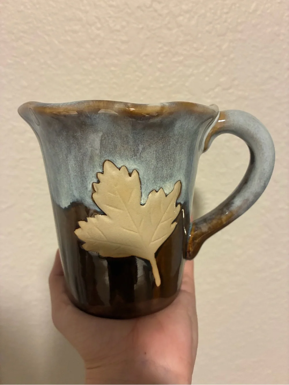 Handcrafted Ceramic Leaf Accent Mug – Blue and Brown Glossy Finish